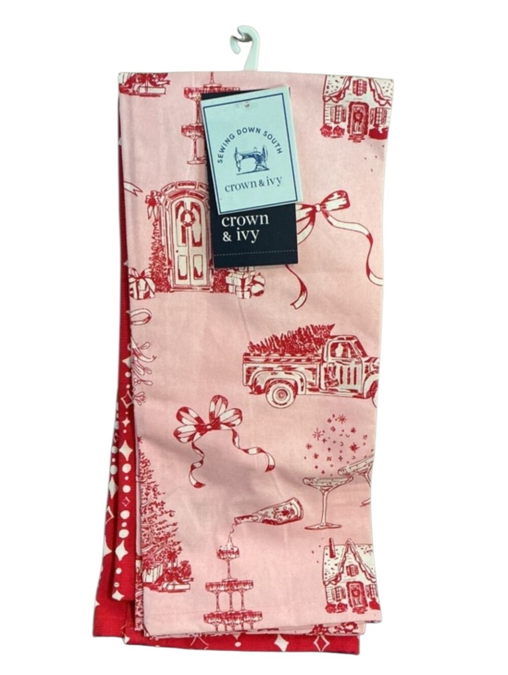 Crown & Ivy Pink and Red Holiday Print Kitchen Towels